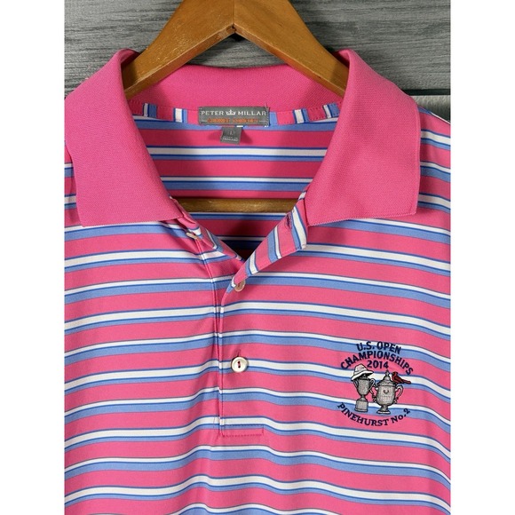 Peter Millar Summer Comfort Polo Shirt Men L Pink Striped 2014 US Open Golf - Picture 2 of 8
